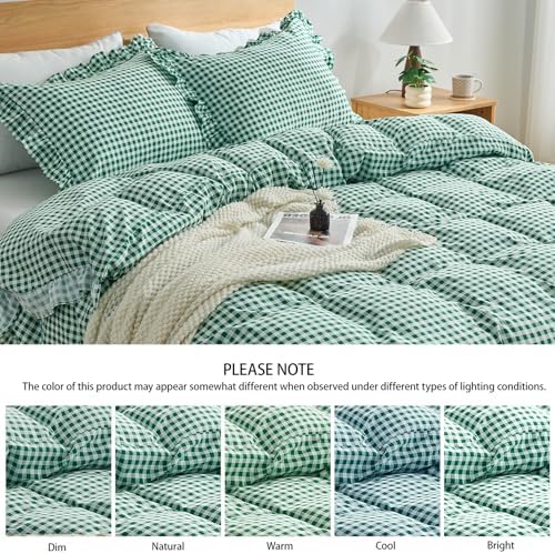 Gingham Duvet Cover King Size, 3 Pieces Soft Breathable Microfiber Plaid Duvet Cover with Zipper Closure & 2 Pillow Shams, Ruffle Farmhouse Vintage Decor, Green