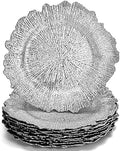 WUWEOT 12 Pack Charger Plates, 12.7" Round Plastic Reef Plate Chargers with Flora Reef Design for Wedding Dinner Party Decoration (Silver)