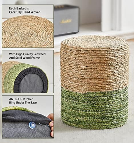 14" Boho Pouf Patio Ottomans Natural Straw Handweave Rustic Round Footstool