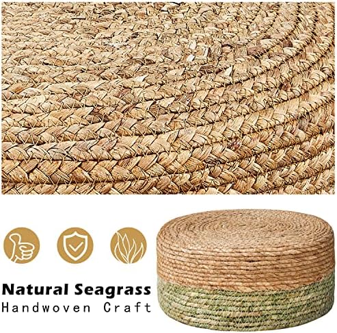 Cpintltr Ottoman Natural Seagrass Footrest Poufs Hand Weave Round Foot Stool for Couch Desk Soft Step Stool Padded Foot Rest with Pine Legs for Living Room Bedroom Natural/Green