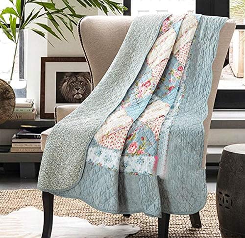 Cozyholy Original 100% Cotton Quilt Twin Size Blue Floral Patchwork Quilts, Lightweight Reversible Bedspread Quilted Throw Blanket, Vintage Shabby Chic Cottage Bedding Coverlet for Bed Couch Sofa