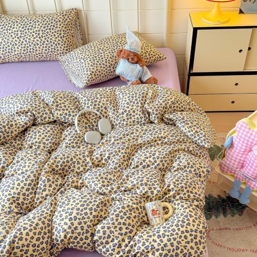 mixinni Golden Leopard Print Duvet Cover Set Queen Size, 3PCs Cute Sexy Cheetah Bedding, Soft Cotton Double Gauze Retro Aesthetic Purple‑Black Leopard Duvet Cover with 2 Pillowcases for Girls Women