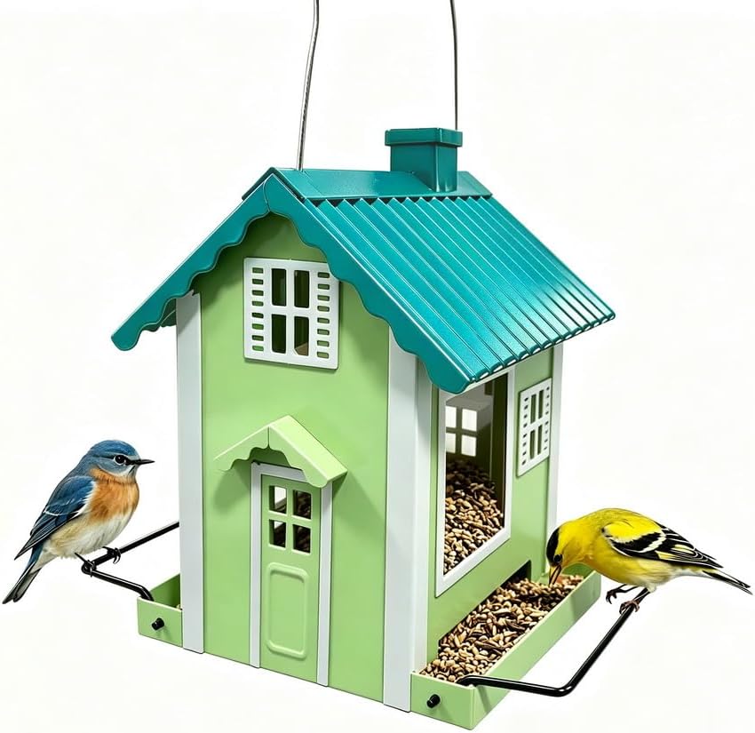 WENYLE Bird Feeders for Outdoors Hanging, Heavy Duty Metal Weatherproof Wild Bird Feeder, House Shape with Drain Holes, 2LB Capacity for Garden Yard