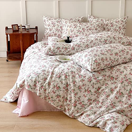 Pink Floral Duvet Cover Queen Soft Cotton Girls Cottagecore Bedding Set Botanical Peach Flower Comforter Cover with Zipper Closure Vintage Country Bedding Aesthetic Duvet Cover with 2 Pillowcases