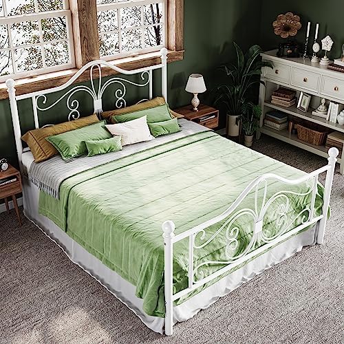 Allewie Metal Full Platform Bed Frame, Butterfly Pattern Design, White