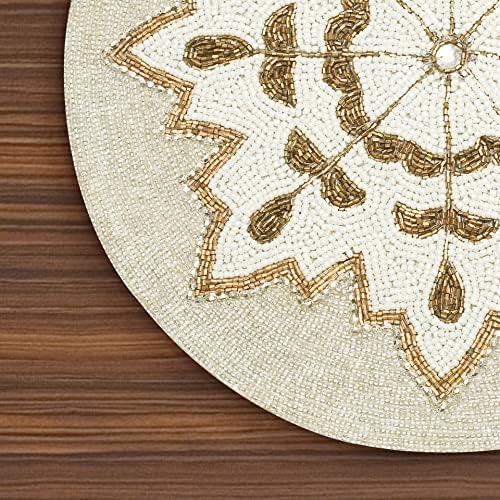 Lightnpro Handmade Snowflake Beaded Placemats Set of 2 – 13 Inch Round White Silver, Handcrafted Artisan Table Accessories, Elegant Winter Holiday Table Décor for Christmas & New Year Celebrations