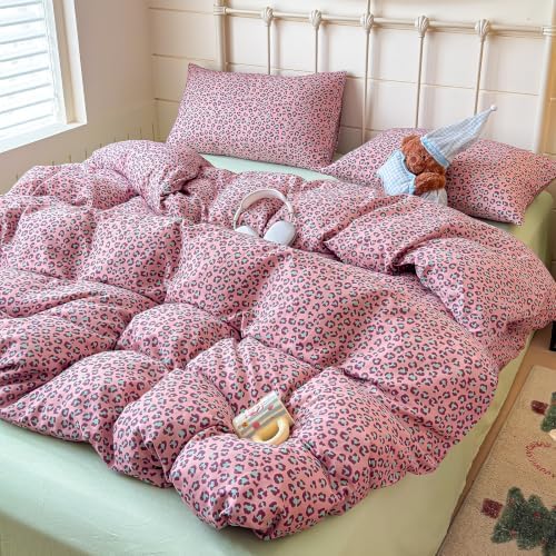 mixinni Hot Pink Leopard Print Duvet Cover Set Twin XL Size, 3PCS Cute Cheetah Animal Bedding, 100% Cotton Double Gauze Soft Aesthetic Retro Sweet‑Cool Bedding Set with 2 Pillowcases for Girls Women