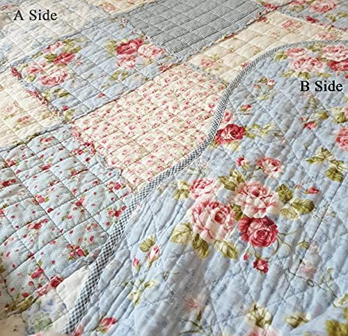 Cozyholy Original 100% Cotton Quilt Full Queen Size Blue Floral Patchwork Quilt, Lightweight Reversible Bedspread Quilted Throw Blanket, Vintage Shabby Chic Cottage Bedding Coverlet for Bed Couch Sofa