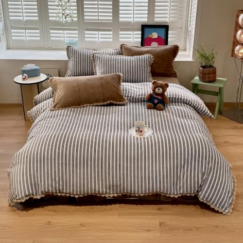 AOJIM Milk Velvet Duvet Cover Set Twin XL 3Pcs Retro Brown Striped Bedding