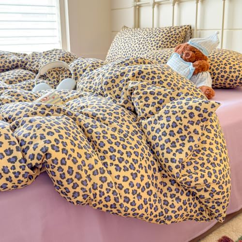 mixinni Golden Leopard Print Duvet Cover Set Queen Size, 3PCs Cute Sexy Cheetah Bedding, Soft Cotton Double Gauze Retro Aesthetic Purple‑Black Leopard Duvet Cover with 2 Pillowcases for Girls Women