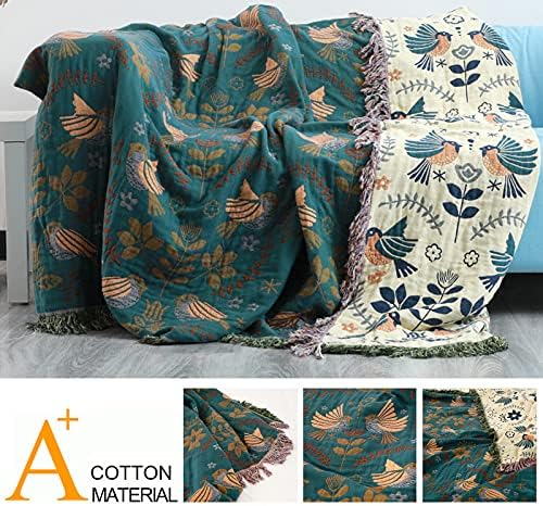 Bird Pattern Boho Throw Blanket for Bed Decor 90"×108" Teal/Cream