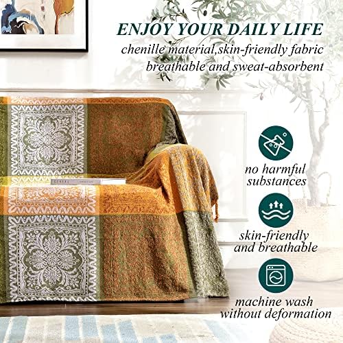 Boho Throw Blanket, Bohemian Tassels Throw Blankets for Bed Couch Soft Chair， Chenille Fringe Tassels (New Green, Large 86 * 102Inches)