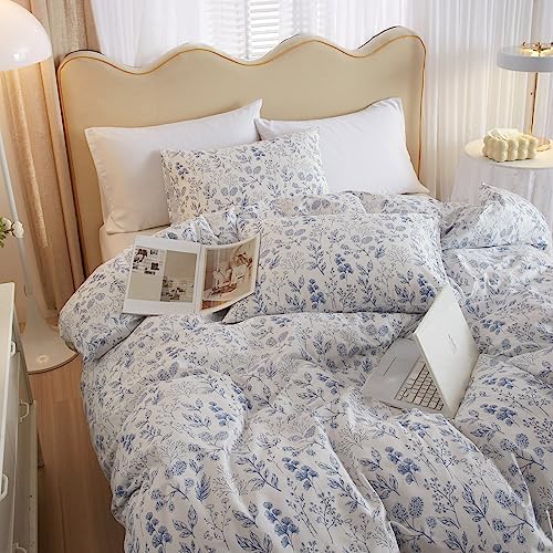 Duvet Cover Full 3 PCS Blue Floral Bedding Set Botanical Printed on White Duvet Cover Soft Cotton Comforter Cover with Zipper Closure 4 Ties for Teen Girls-80x90 Inch