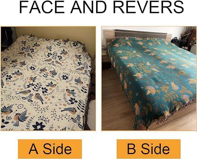 Bird Pattern Boho Throw Blanket for Bed Decor 50"×60" Teal/Cream