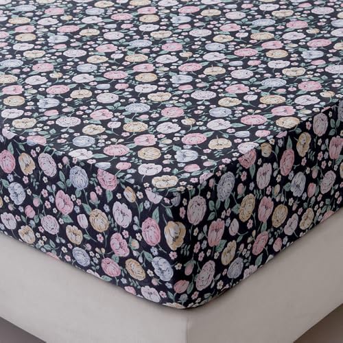 Bedding Fitted Sheet with Deep Pocket,Colorful Floral Printed Fabric Bed Sheets(Black Flower,Queen)