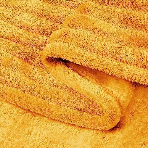 BEDELITE Ribbed Mustard Yellow Fleece Throw Blanket for Couch, 50x60 Inch