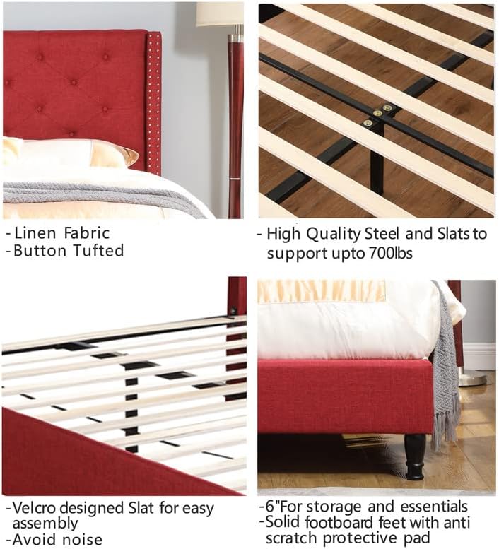 Full Upholstered Platform Bed Frame with 51" Tall Headboard - Button Tufted Cloth Bed - Wood Slat Support with Storage Space - No Box Spring Needed - Easy Assembly - Burgundy - Oliver & Smith - Astor