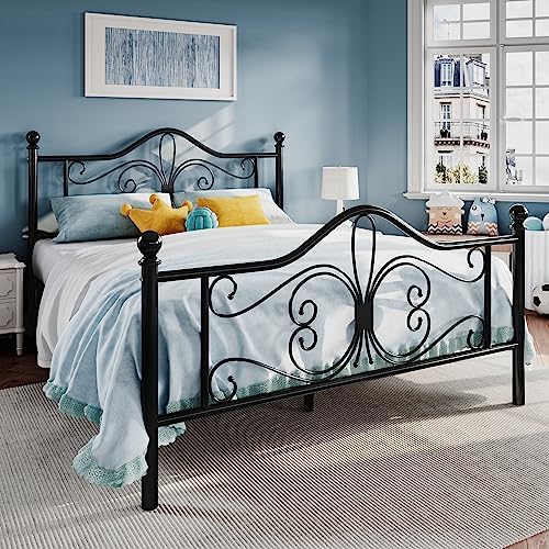 SHA CERLIN Queen Size Metal Bed Frame with Butterfly Headboard, Black