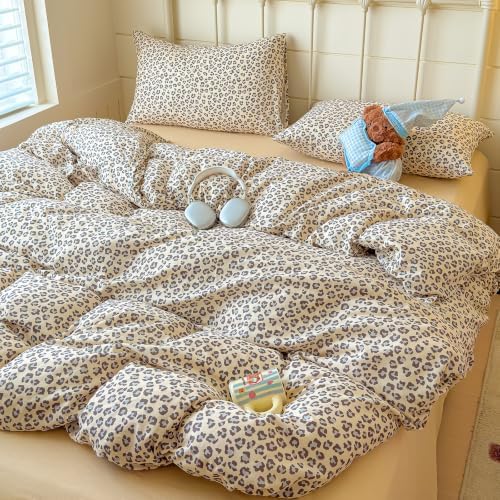 Leopard Duvet Cover Set Twin,Muslin Cotton,Cream Grey