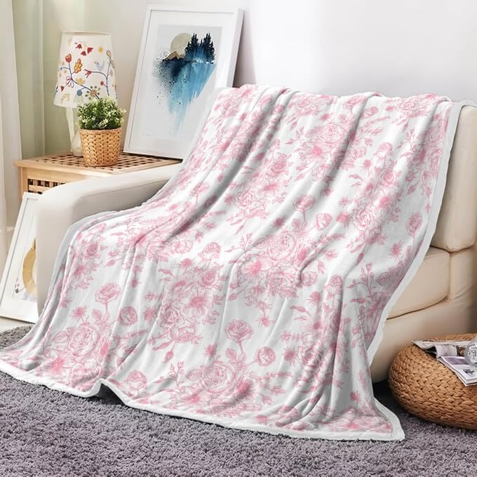 Floral Throw Blanket, Botanical Floral Blanket, Soft, Flannel, Warm, Boho Floral Bed Blanket All Season Flower Throw Blanket for Couch Bedroom Living Room, Pink 60X70 Inch