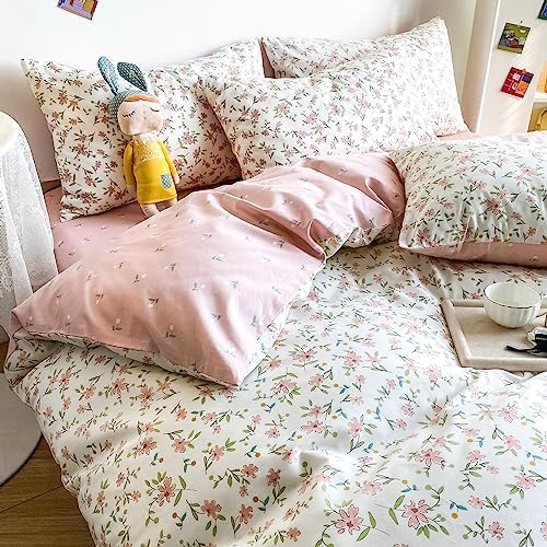 HighBuy White Cotton Floral Duvet Cover Full Girl Pink Floral Bedding Set Garden Style Botanical Coquette Bedding Comforter Cover with Zipper Closure,Cottagecore Duvet Cover Set Full,2 Pillowcases