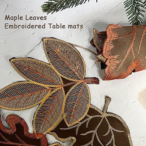 Embroidered Fall Placemats Set of 6, 15 in, Thanksgiving Round Table Mats