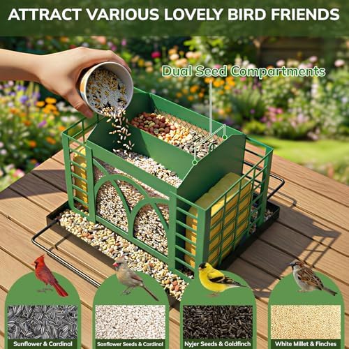 Bird Feeders for Outdoors Hanging, Metal Bird Feeder with Double Suet Cage Weatherproof Metal Roof, 3.5Lbs Large Capacity Great for Attracting Finch Cardinal Chickadee Wild Birds, Branch Green