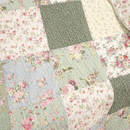 vctops 100% Cotton Quilted Throw Blanket 50x60 Inch Floral Patchwork Reversible All Season Throw (Green B,50"x60")