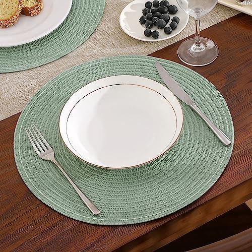 SHACOS Round Placemats Set of 6 Washable 15 inch Cotton Polyester Table Mats Woven Braided Place Mats for Dining Table, Sage Green