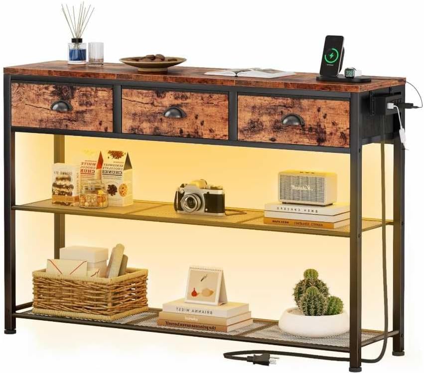 SONGMICS Console Table with Power Outlets and LED Lights, 3 Fabric Drawers