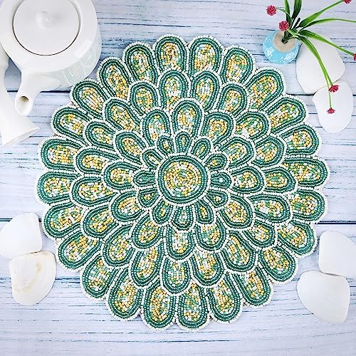 ALPHA Living HOME Beaded Placemats 13 Inch Green White Round Table Mats