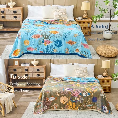 XIBLC Boho Throw Blanket 100% Cotton Vintage Blanket Muslin Woven Flower Decorative Throw Blankets All Season Bohemian Rustic Farmhouse Decor Quilt for Bed (Blue 60"x80")
