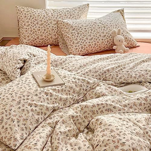 HighBuy Boho Cotton Floral Duvet Cover Twin White Coquette Bedding Comforter Quilt Duvet Covers with Pink Floral,Garden Floral Bedding Set Twin Lightweight Soft Cottagecore Duvet Cover Sets Cute