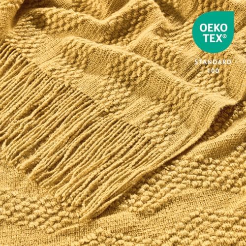 BOURINA Mustard Throw Blanket 50x60 Inches Throw Textured Solid Soft Ripple Throws and Blankets for Sofa or Bed Knitted Decorative Throw