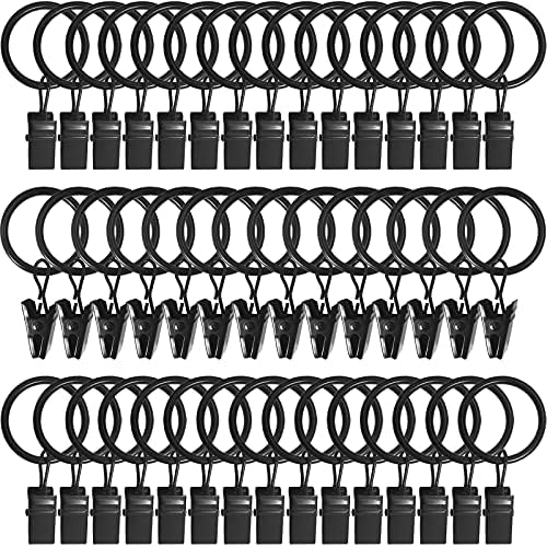 44 Pack Metal Curtain Rings with Clips, 1 in ID, Black