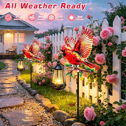 EDOF Red Cardinal Bird Metal Garden Stakes with Solar Lights Outdoor Decor,Cardinal Memorial Christmas Birthday Gifts for Women Mom,Waterproof Decorative Stakes Lights for Yard Patio Porch Cemetery