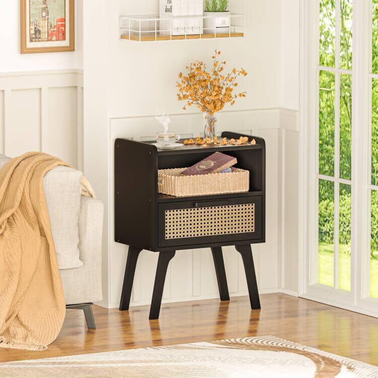 Lerliuo Rattan Nightstands Set of 2, Bedside Table with Drawer Open Shelf