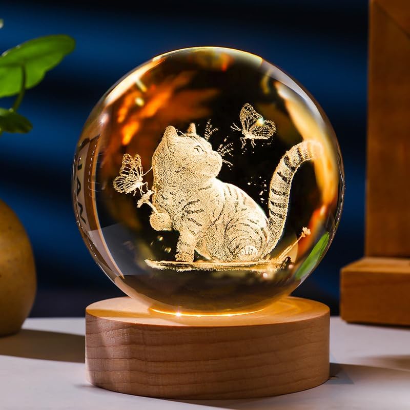 3D Cat and Butterfly Engraved Pattern with Wooden Lighted Base, USB Powered Cable with Switch, Night Light Decoration, Cat Lamp for Bedroom Unique Cat Gifts