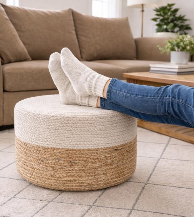 Pouf Ottoman 100% Jute Pouffe Natural Ivory (18"x18"x12")