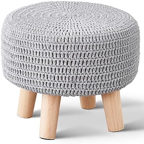13" Round Handmade Cotton Knitted Boho Small Ottoman with Non-Skid Wood Leg