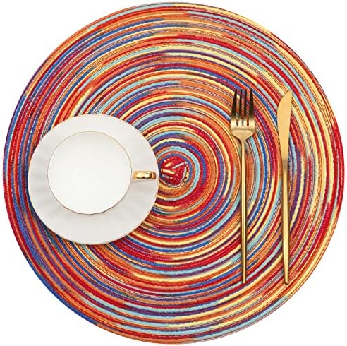 SHACOS Round Braided Placemats Set of 4 Variegated Colorful Placemats for Dining Tables Holiday Party Decor (Rainbow Red, 4)