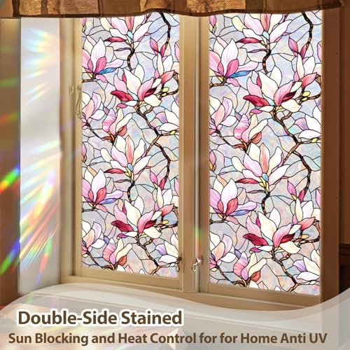 Magnolia Window Privacy Film,Static Stained Glass Cling17.5"x 78.7"