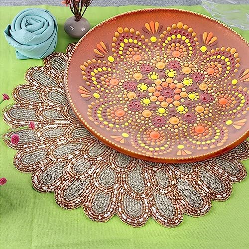 ALPHA Living HOME Beaded Placemats 13 Inch Ivory Gold Round Table Chargers