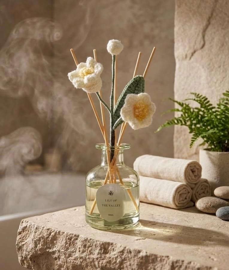 VANGIE Lily of the Valley Reed Diffuser for Home | Fresh Floral Scent | Elegant Glass Bottle with Handmade Flower | Long-Lasting, Vegan | Bedroom & Living Spaces