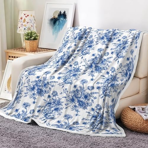 Blue Floral Throw Blanket, Botanical Floral Blanket, Soft, Flannel, Warm, Boho Floral Aesthetic Bed Blanket All Season Floral Throw Blanket for Couch Bedroom Living Room 60X70 Inch