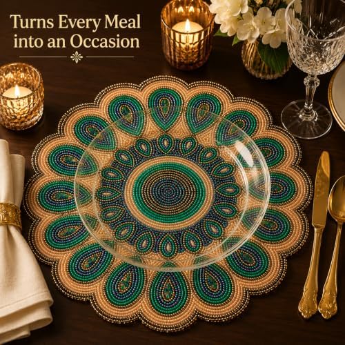ALPHA Living HOME 13 Inch Round Beaded Placemat, Green Gold Table Decor Mat