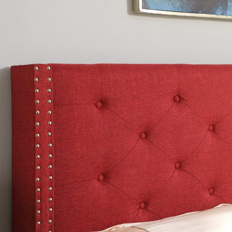 Full Upholstered Platform Bed Frame with 51" Tall Headboard - Button Tufted Cloth Bed - Wood Slat Support with Storage Space - No Box Spring Needed - Easy Assembly - Burgundy - Oliver & Smith - Astor