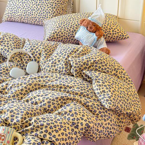 mixinni Golden Leopard Print Duvet Cover Set Queen Size, 3PCs Cute Sexy Cheetah Bedding, Soft Cotton Double Gauze Retro Aesthetic Purple‑Black Leopard Duvet Cover with 2 Pillowcases for Girls Women