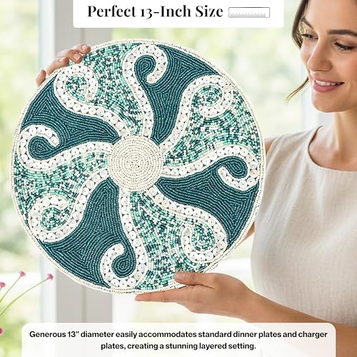 ALPHA Living HOME Beaded Placemats 13 Inch Teal Ivory Round Table Mats