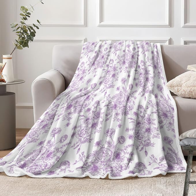 Floral Throw Blanket, Botanical Floral Blanket, Soft, Flannel, Warm, Boho Floral Bed Blanket All Season Flower Throw Blanket for Couch Bedroom Living Room, Purple 50X70 Inch